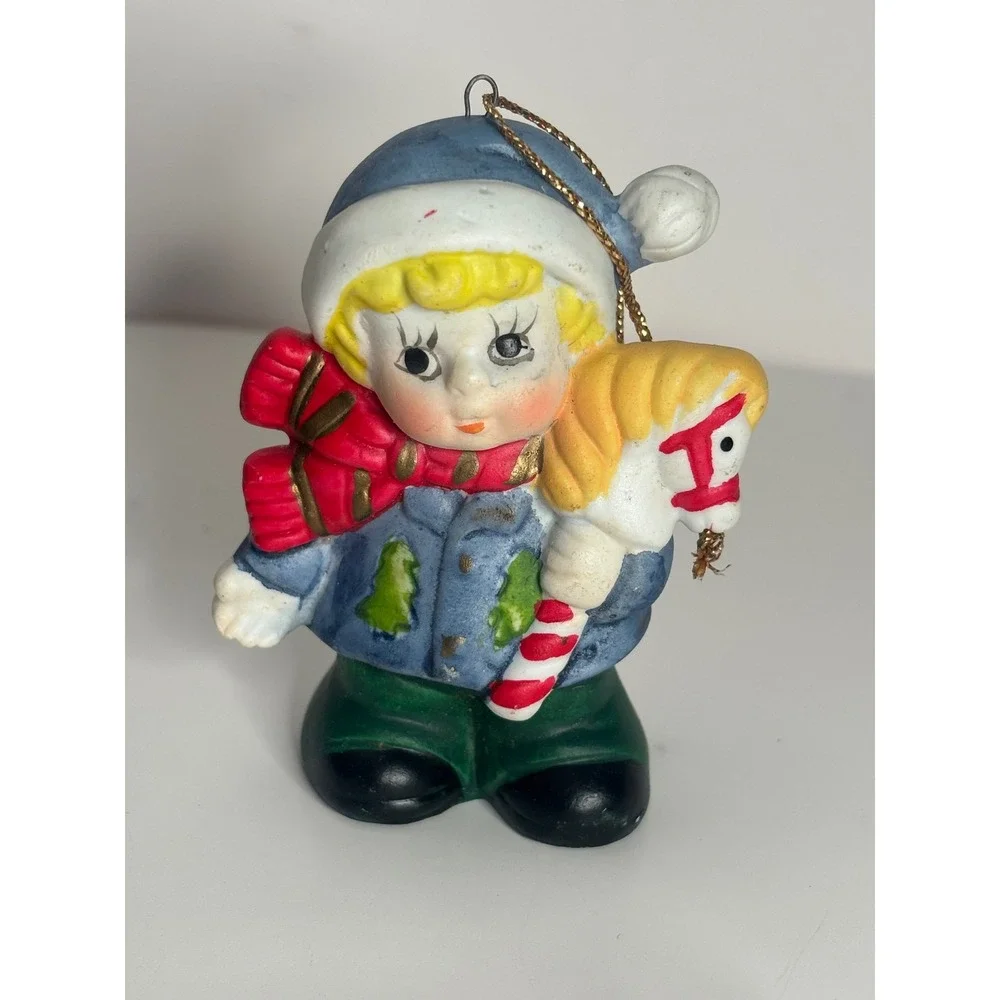 Vintage Ceramic Christmas Ornament Child with Hobby Horse Toy Figurine Blue Coat